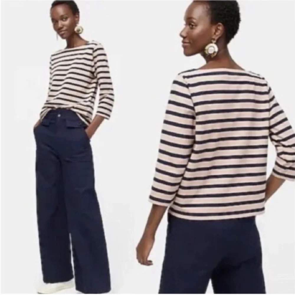 J. Crew Nautical Navy & Tan Striped Boatneck Top